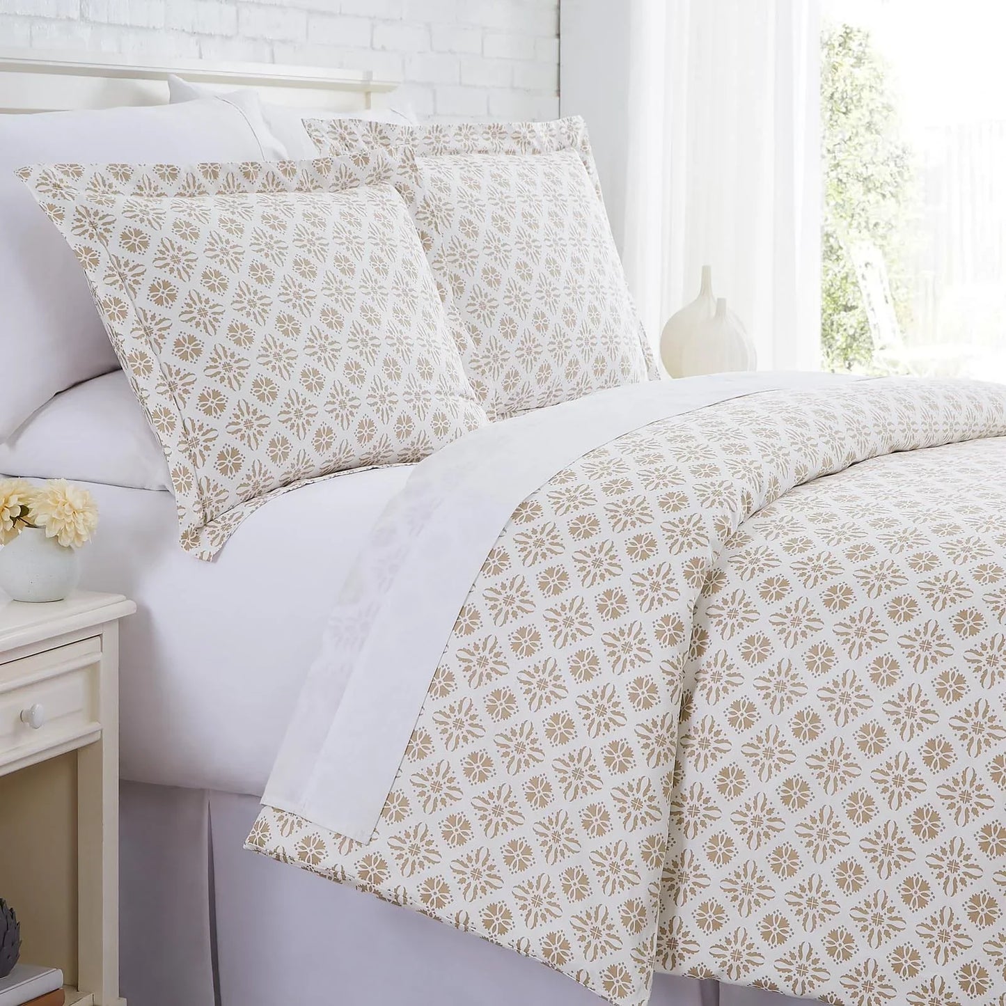 Floral Block Print Duvet Cover Set, Taupe